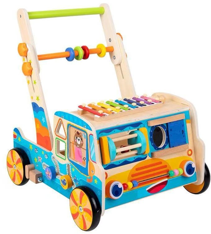 Bextunio Houten Loopwagen 1 jaar (45 cm) – 10‑in‑1 Activiteitencentrum – Stevig, Educatief & Cadeauklaar