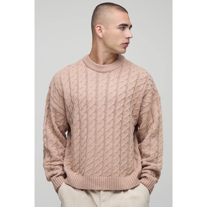 Essential Boxy Fit Cable Knitted Jumper | Taupe | Size Medium