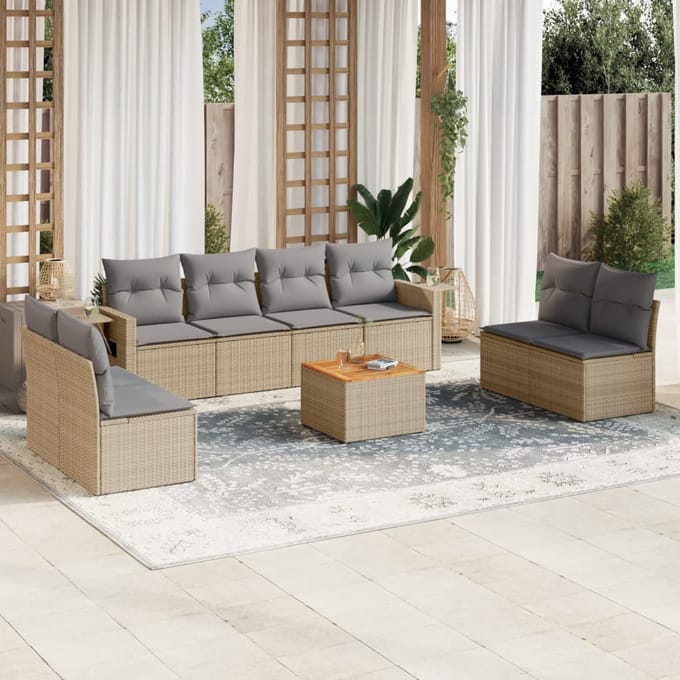 vidaXL - 9-delige - Loungeset - met - kussens - poly - rattan - beige