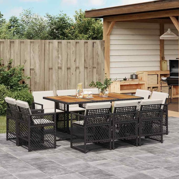 vidaXL - 11-delige - Tuinset - met - kussens - poly - rattan - zwart