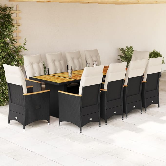 vidaXL - 11-delige - Bistroset - met - kussens - poly - rattan - zwart