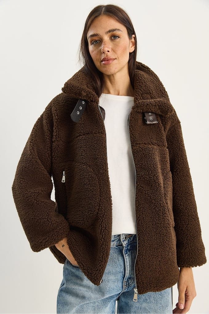 Oversized Pluche Gebreide Puffer Jacket met Rits Sluiting