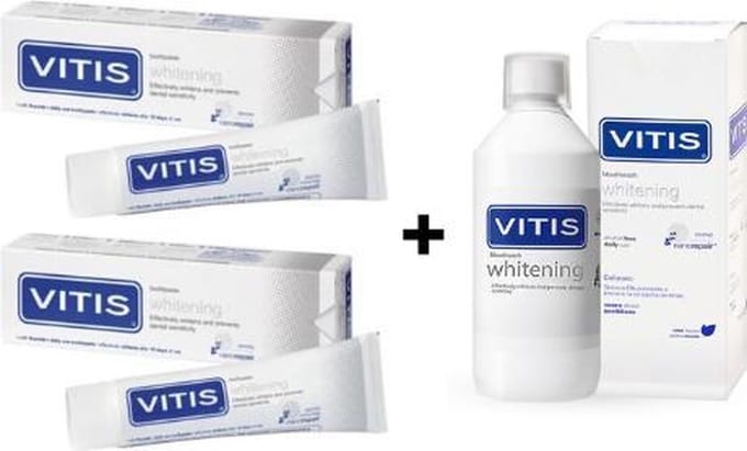 2x Vitis Whitening tandpasta + 1 Vitis Whitening Mondwater