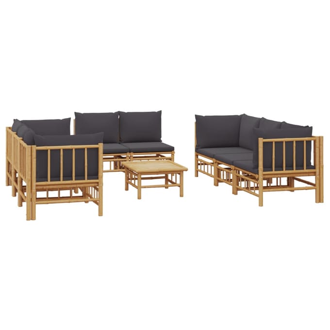 vidaXL - 9-delige - Loungeset - met - kussens - bamboe - donkergrijs