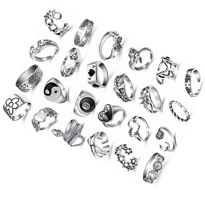 24 stuks Retro Herenring Metaallegering Zilverkleur Vintage Ring Modieus Punk Gothic Ring gray