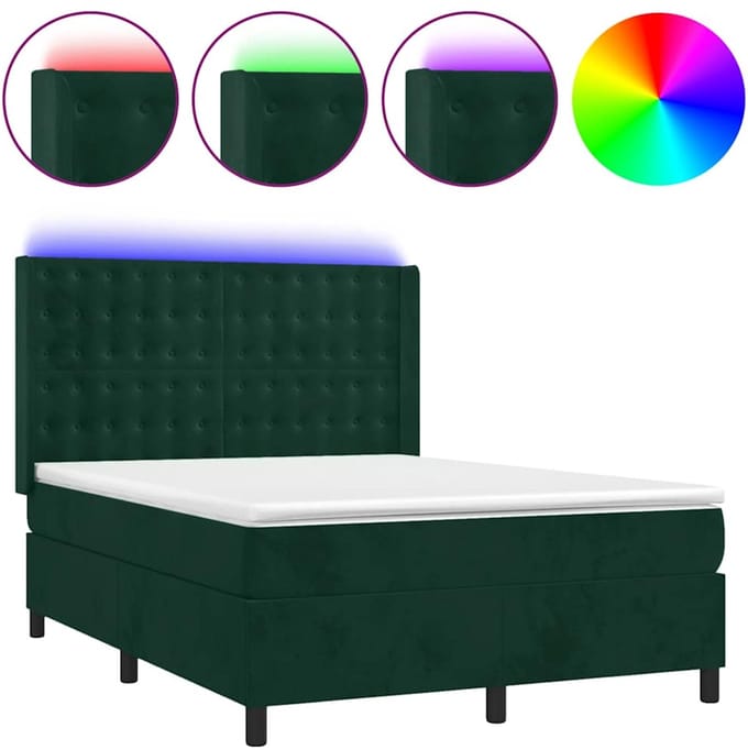 vidaXL - Boxspring - met - matras - en - LED - fluweel - donkergroen - 140x190 - cm