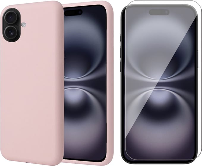 Hoesje geschikt voor iPhone 16 Plus - Screenprotector Glas - Matte Case Roze met Fluweelzachte Binnenzijde