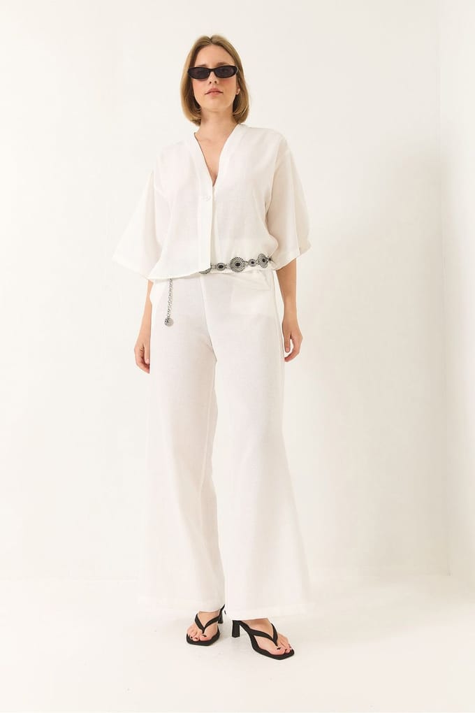 V-hals Tuniek en Wijde Pantalon Twee-Delige Set