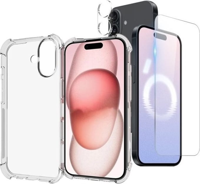 Anti -Shock Silicone hoesje transparant met Screenprotector Glas 2x en Camera lens protector 2x Geschikt voor: iPhone 16