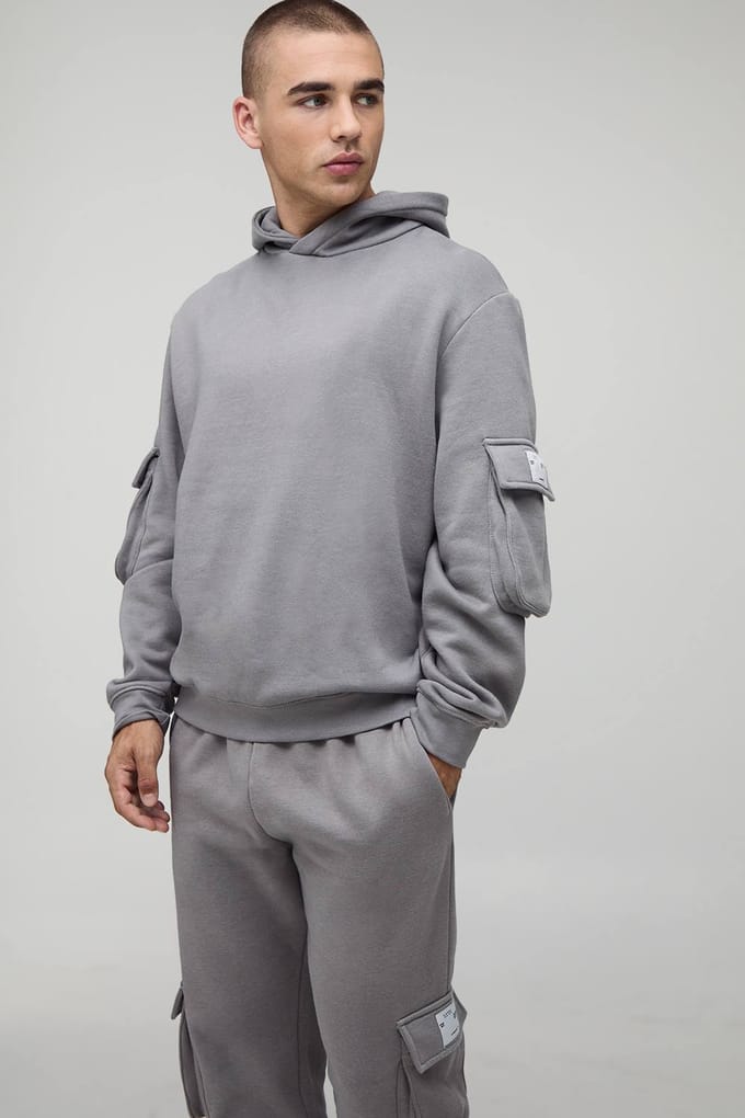 Super gestapeld geweven tab cargo trainingspak met capuchon | Charcoal | Size Medium