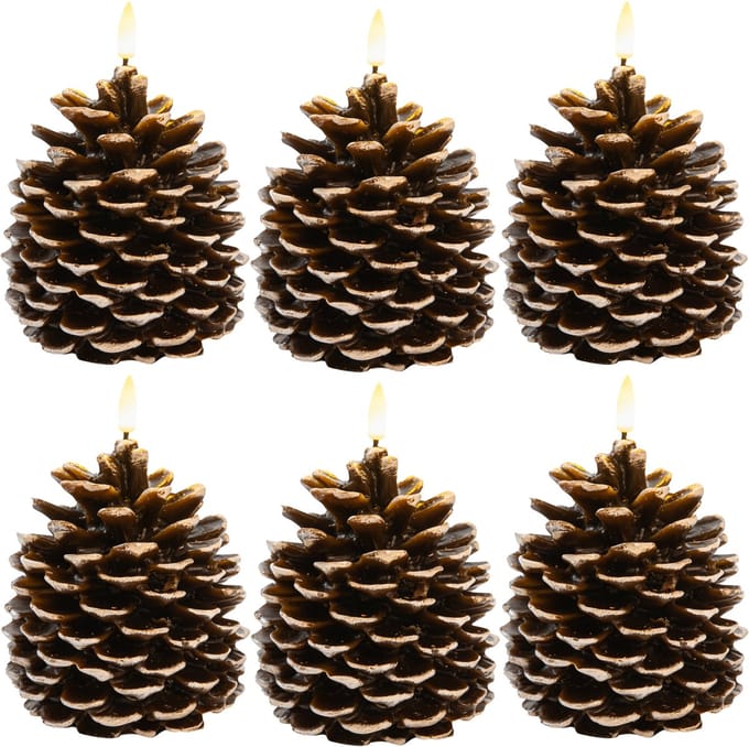 Anna's Collection LED dennenappel kaars - 6x - bruin - 12.5 x 10.5 cm - met timer