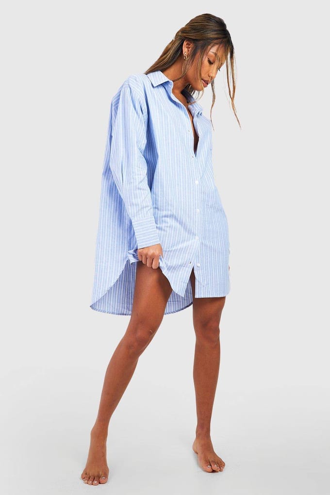 boohoo Dames Cotton Stripe Oversized Pyjama Night Shirt | Blue | Maat: 6
