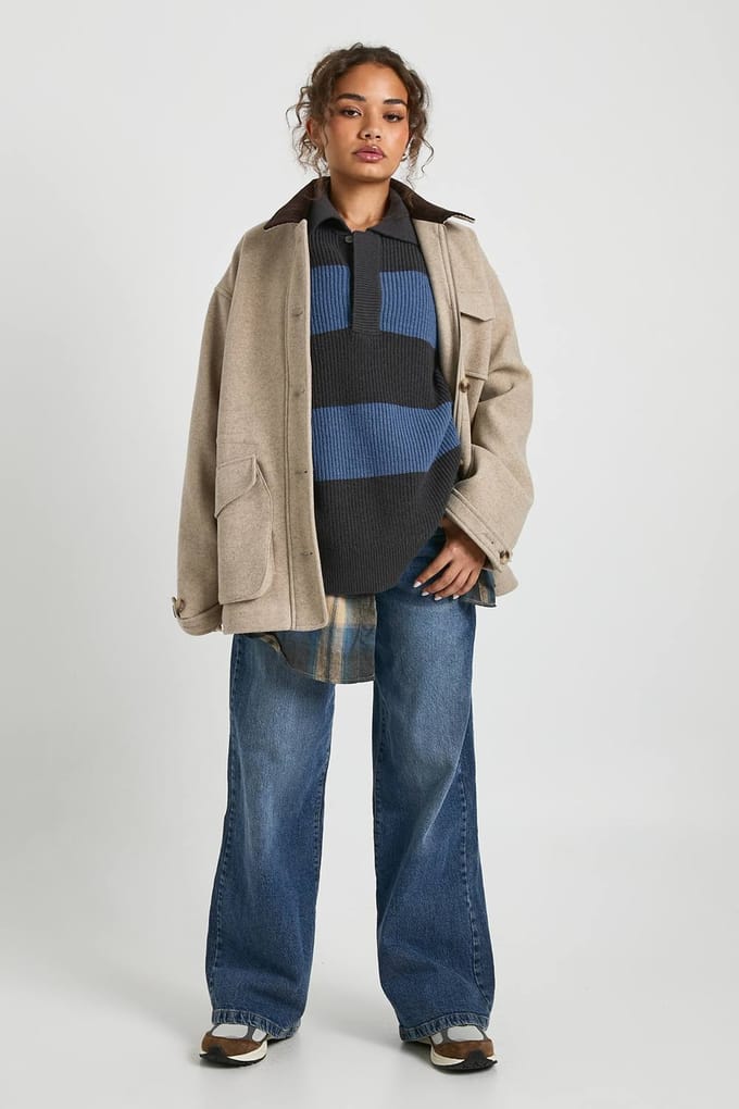 boohoo Dames Shacket met contrasterende kraag en wollen look | Stone | Maat: 10