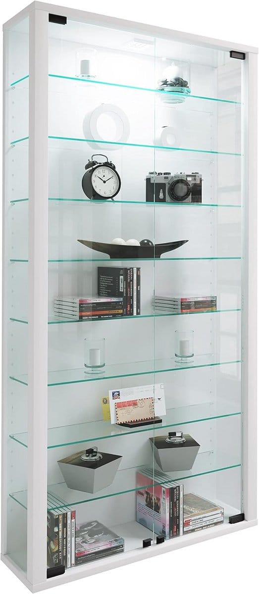 Wandvitrine met glazen deuren en verstelbare planken - Muur showcase in wit