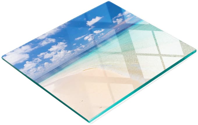 Glazen serveerplank met afbeelding van een strand op de Malediven, 60x52 cm