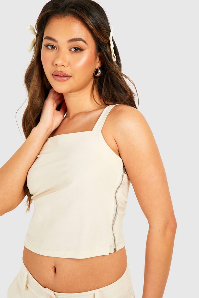 boohoo Dames Pinstripe Drape Shoulder Square Neck Top | Zand | Maat: 44
