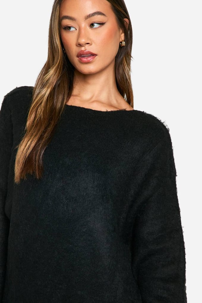 boohoo Dames Lange Geborstelde Low Back Oversized Jumper Jurk | Zwart | Maat: XS