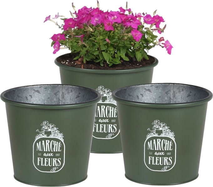 Sunnydays /plantenpot/bloempot - 3x - zink - legergroen - D19 x H16 cm