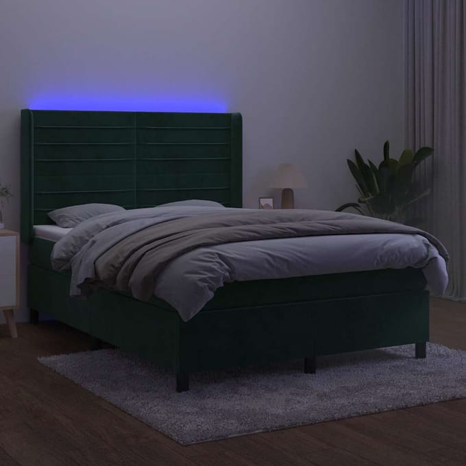 vidaXL - Boxspring - met - matras - en - LED - fluweel - donkergroen - 140x200 - cm