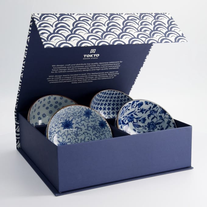 Tokyo Design Studio - Mixed Bowls - Kommenset - 4 Stuks - Blauw/Wit - 500 ml - 13,2 cm