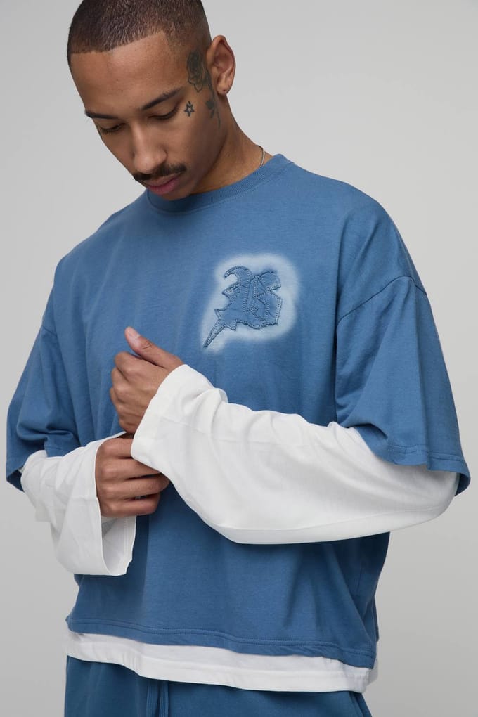 Oversized Ruime B Applicatie Faux Laag Gewassen T-shirt En Short Set | Blue | Size Medium