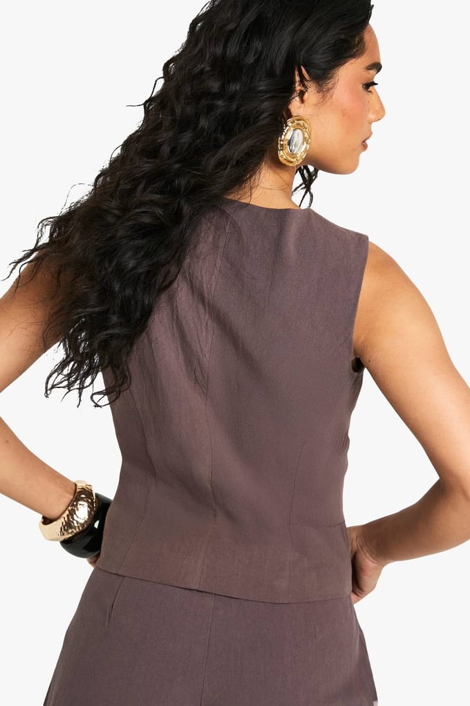 boohoo Dames Linnen Asymmetrisch Getailleerde Weste | Chocoladebruin | Maat: 34
