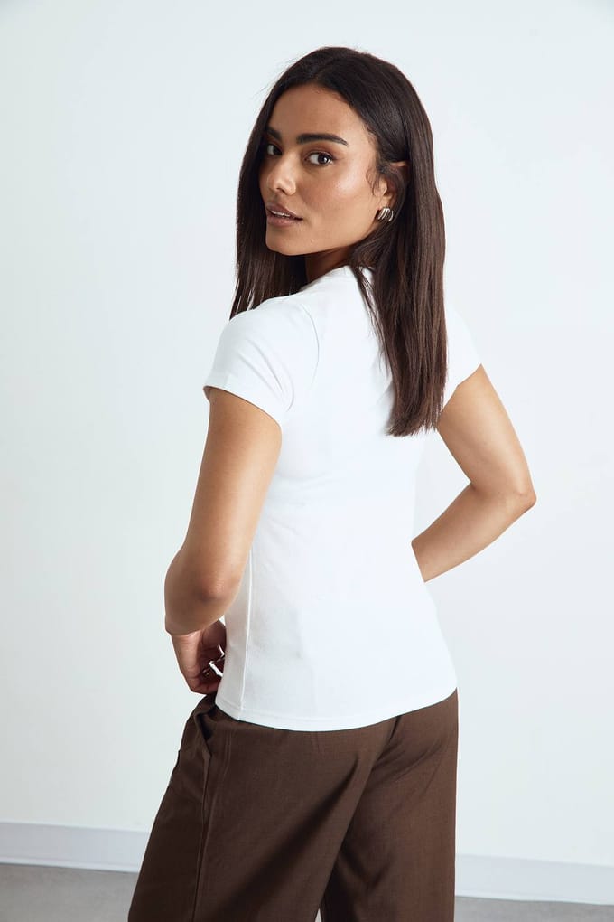 boohoo Dames Korte mouwen lang gesneden getailleerde top | Wit | Maat: 40