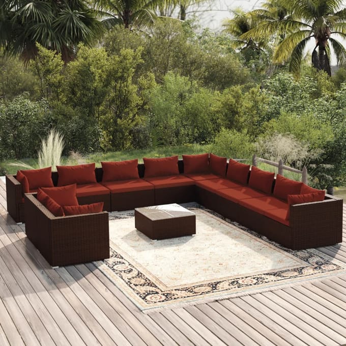 vidaXL - 12-delige - Loungeset - met - kussens - poly - rattan - bruin