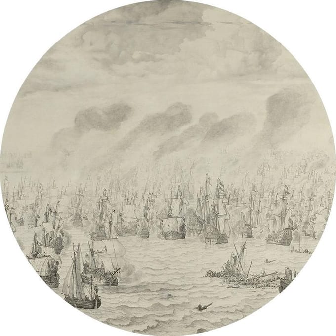 De zeeslag bij Terheide, Willem van de Velde - Foto op Behangcirkel - ⌀ 80 cm