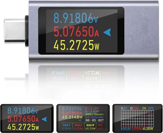 USB C Voltage and Current Power Meter with Curved Display