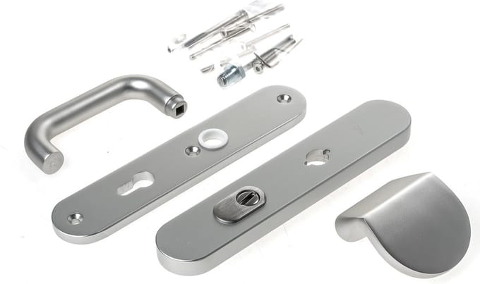 Veiligheidsgarnituur, D4E, alum.,afgerond, duwer/kruk, met kerntrekbeveiliging, PC72, deurdikte 40-54mm