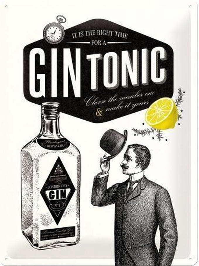 3D metalen Wandbord "It's the right time for Gin Tonic 30x40cm
