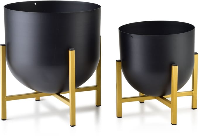 Bloempot op staander , zwart en goud metaal. Set van 2 stuks