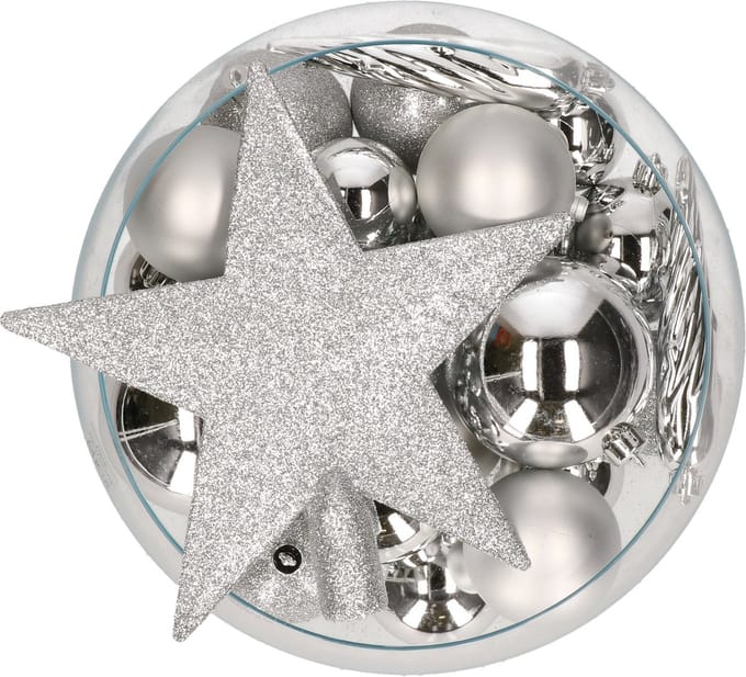 Decoris kerstballen set - 33x stuks - zilver - kunststof - met piek