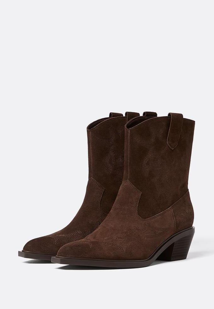 Stradivarius Cowboy-enkellaarsjes van leer met hak  BRUIN 41