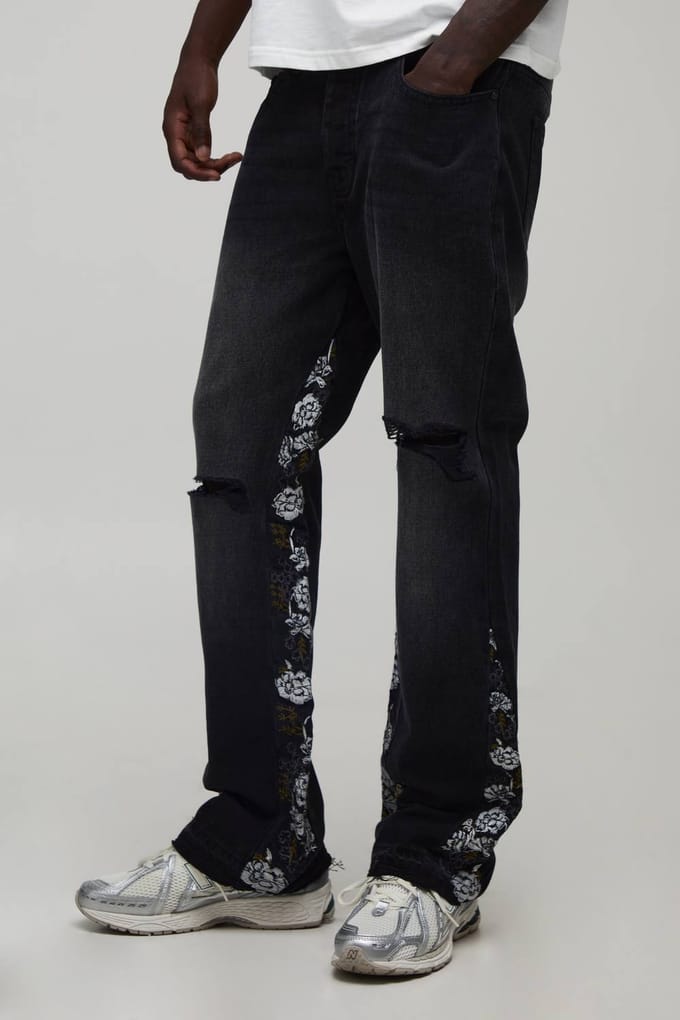 Slim Flared Jeans Met Gescheurde Knieën En Bloemeninserts | Washed Black | Size 36R