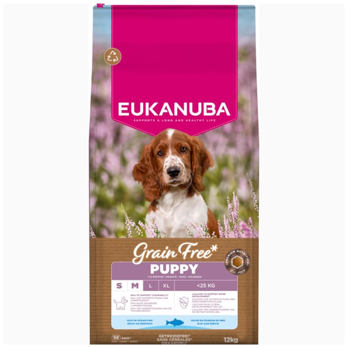 Voordeelpakket: 2x12kg Eukanuba Grain Free Puppy Klein & Middelgroot Ras Zeevis Hondenvoer droog