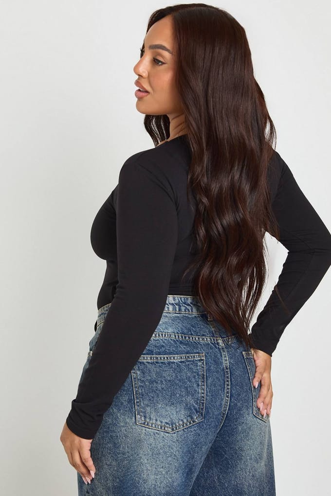 boohoo Dames Plus Lange Mouwen Ronde Hals Bodysuit | Black | Maat: 28