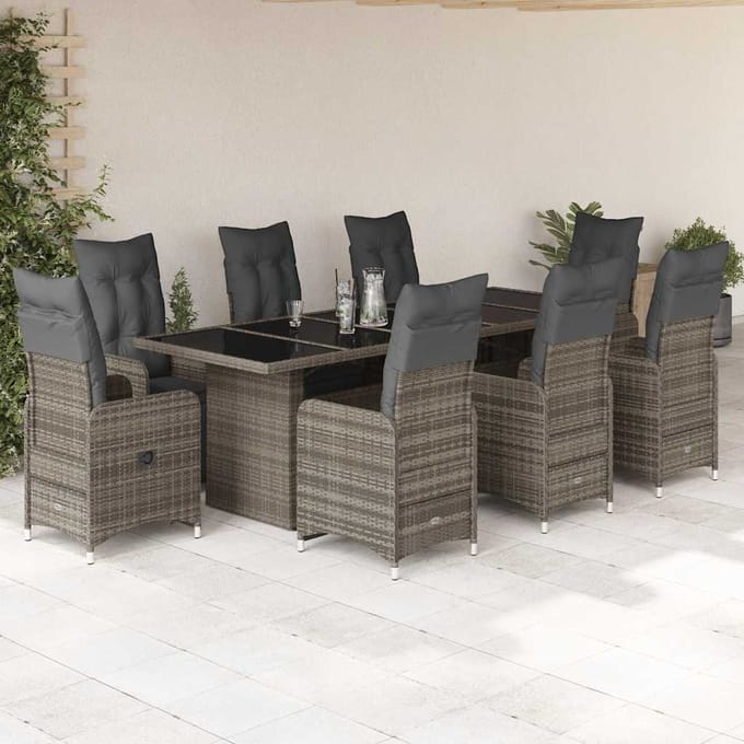 vidaXL - 9-delige - Bistroset - met - kussens - poly - rattan - grijs