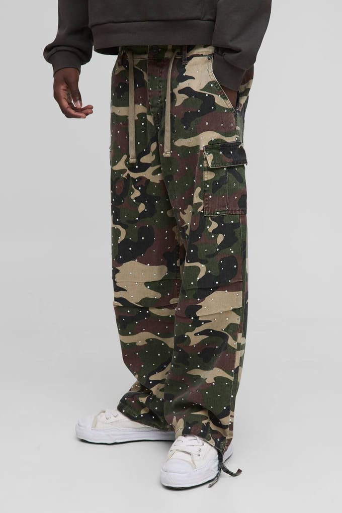 Relaxed Rhinestone Camo Cargo Trousers | Size Medium