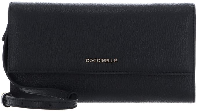 COCCINELLE Leren portemonnee schoudertas Metallic Soft Mini Bag Wallet Grained Leather Noir zwart
