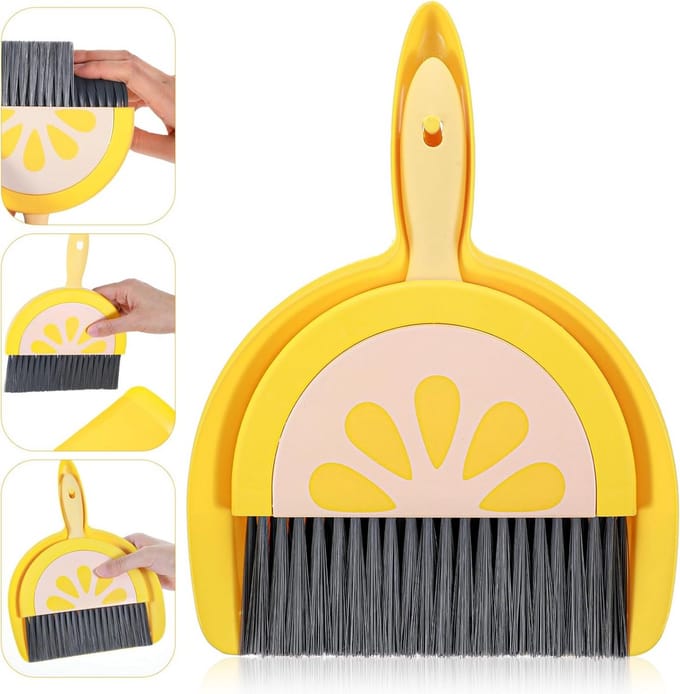 Mini Handveger Schep - Tafel Bezem Set - Snel Opruimen - Lichtgewicht Compact - 23.5 x 20 cm - Geel