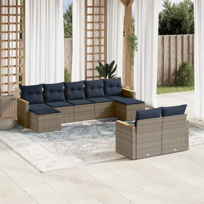 vidaXL - 9-delige - tuinbankset - met - kussens, - grijs - polyrotan