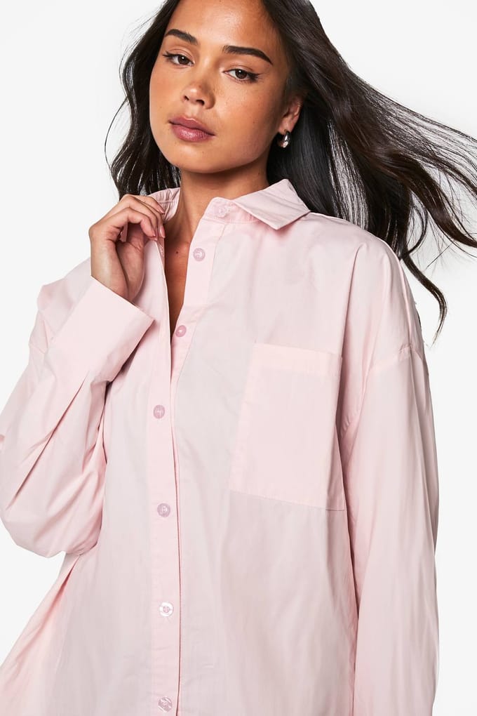 boohoo Dames Oversized katoenen popeline overhemd | Baby Pink | Maat: 8