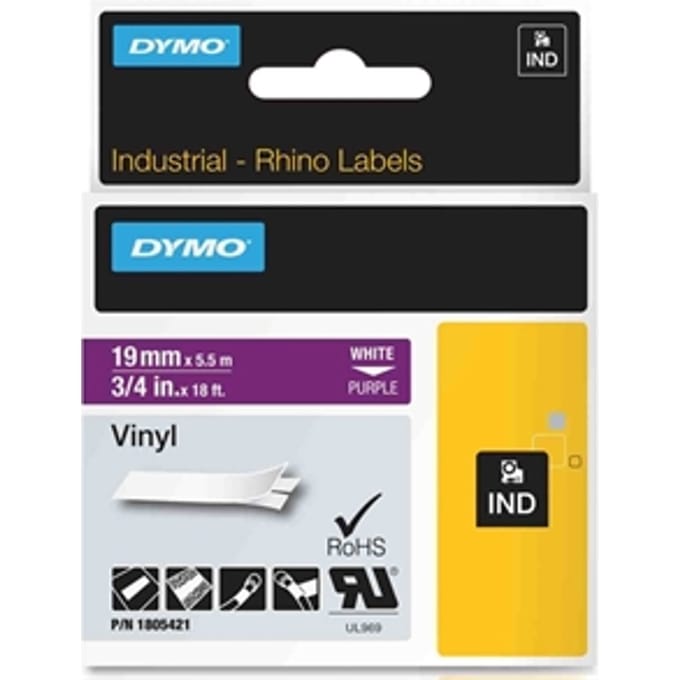 DYMO 1805421 IND Rhino tape vinyl wit op paars 19mm (origineel)