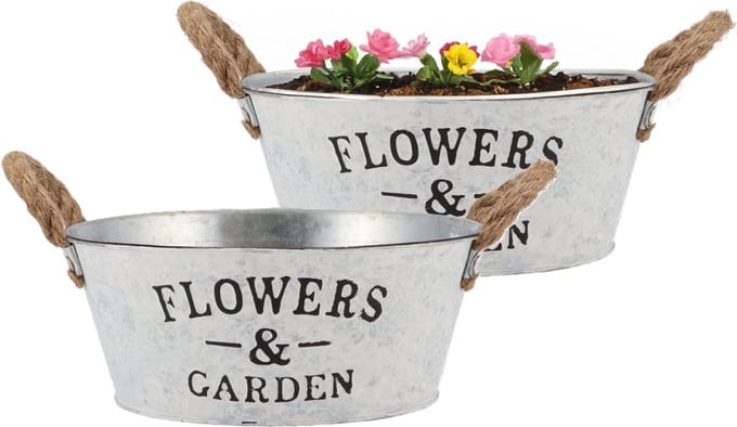 DK Design Plantenpot/bloempot schaal Jardin- 2x - zink - wit - D23 x H9 cm