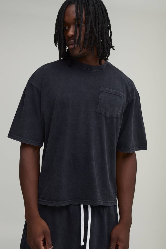 Lang Essentieel Gewassen Oversized Boxy T-shirt Met Borstzak | Black | Size Large