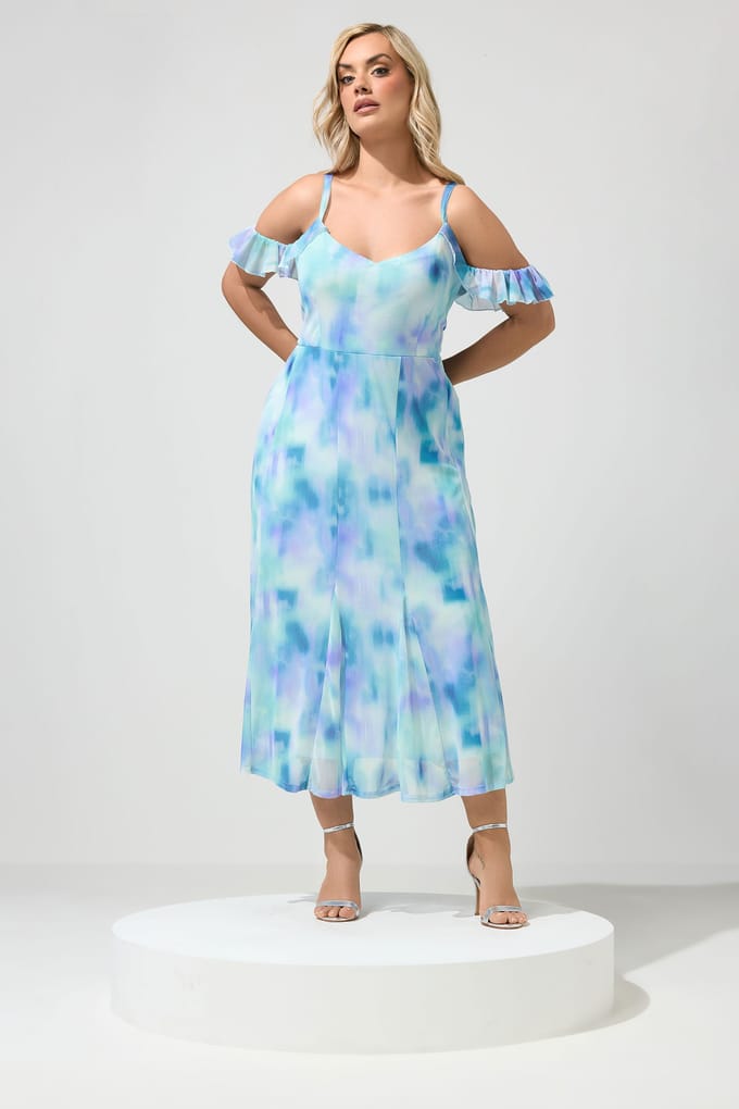 Yours London Blauwe Abstracte Jurk Met Blote Schouder Size 46