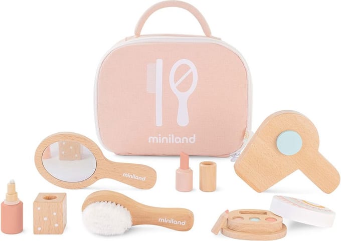 ML Poppen: BEAUTYCASE 23cm, in hout, 6-delig, 3+