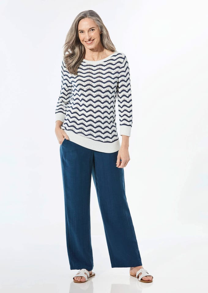 Tricot pullover met 3/4-mouwen - gebroken wit / gedess. - Gr. 46 van Goldner Fashion